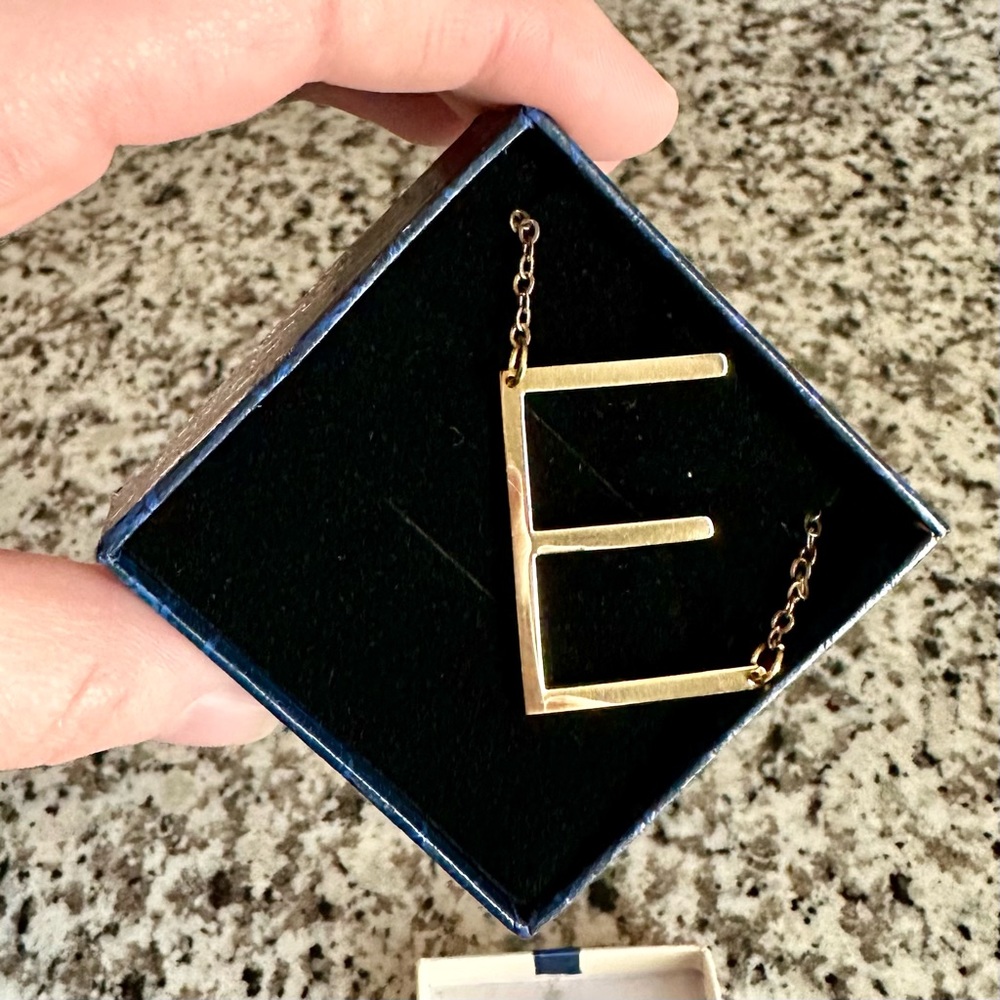 Large Gold Sideways "E” Initial Necklace